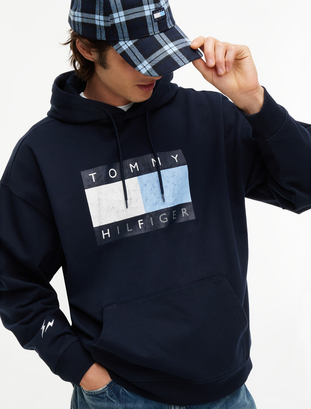 Washed Flag Logo Fleece Relaxed Hoody, Navy Blue, hi-res