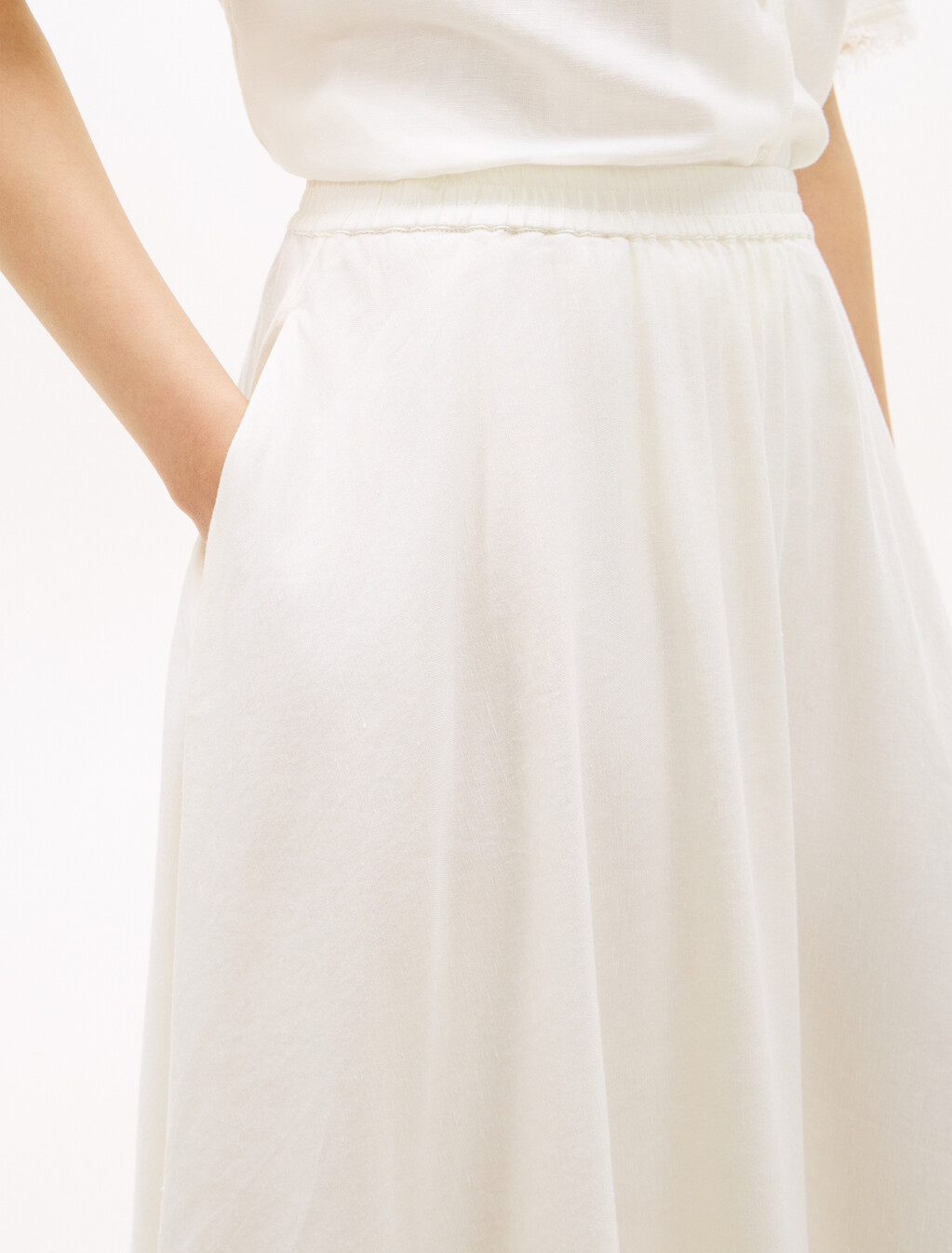 Pleated Linen Blend Midi A-Line Skirt, Ivory Silk, hi-res