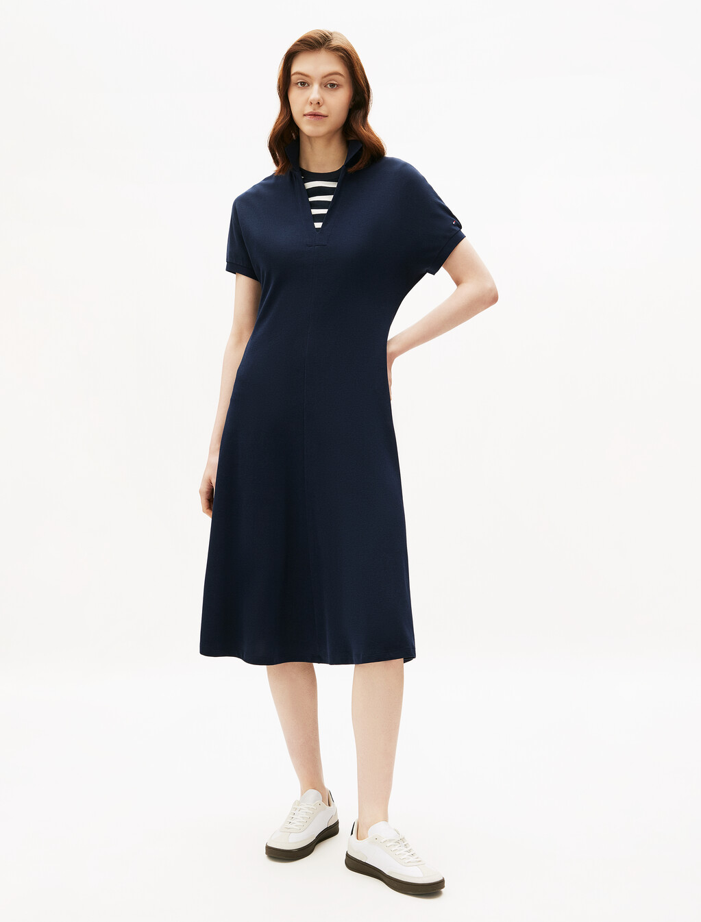 Asia Fit Lyocell Open Neck Midi Dress, Dark Night Navy, hi-res