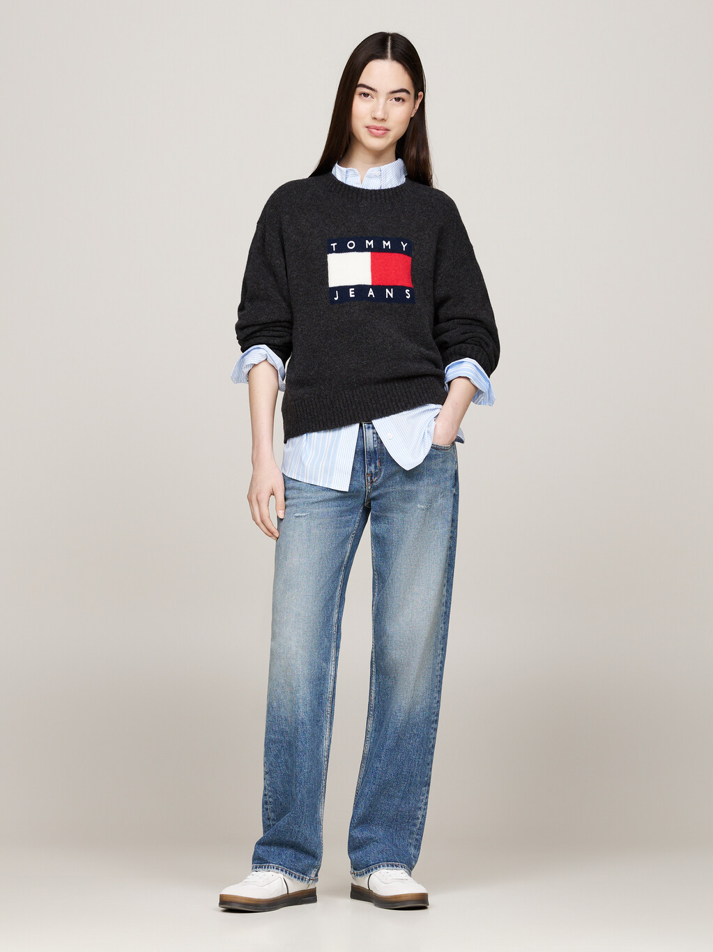 Mélange Relaxed Jumper with Wool, Black Melange, hi-res