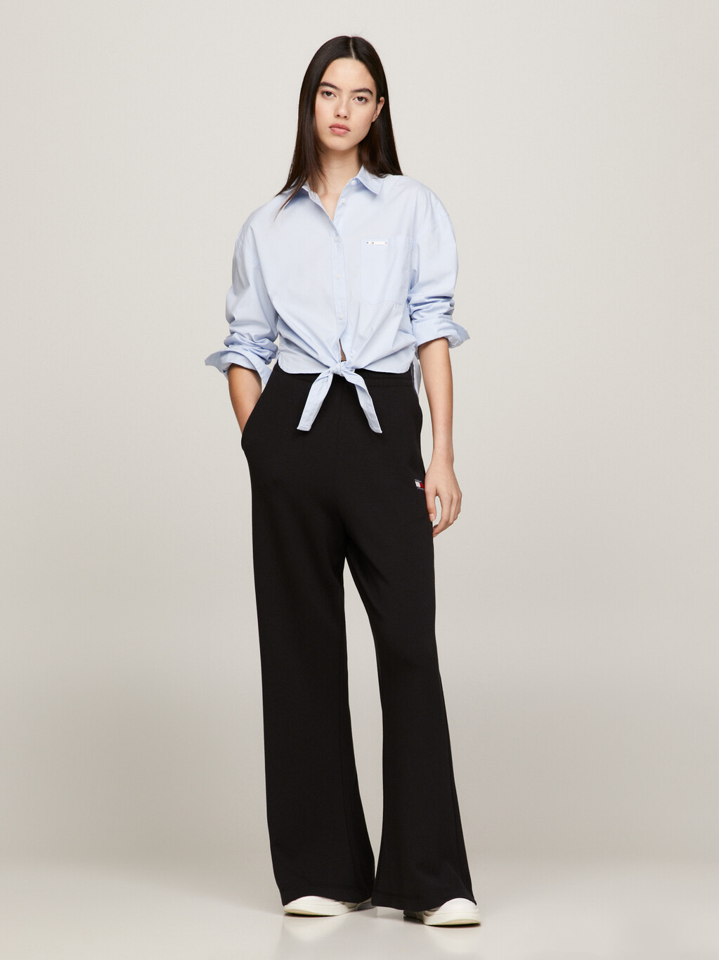Tie Front Cropped Relaxed Fit Shirt, Breezy Blue, hi-res