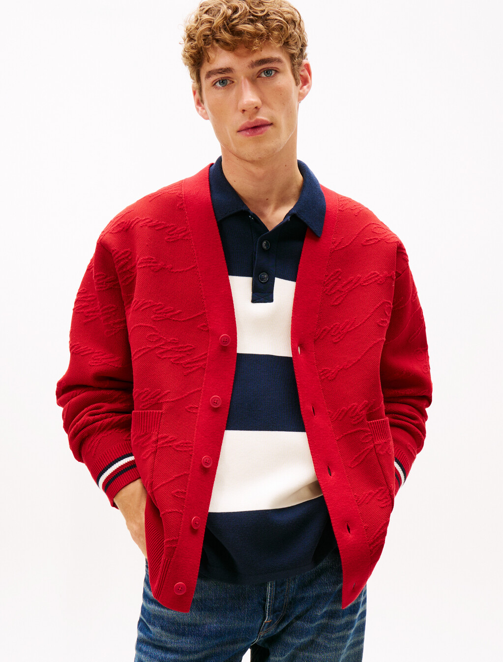 Jacquard V Neck Cardigan, Arizona Red, hi-res