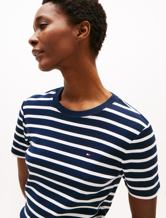 Flag Embroidery Ribbed Slim T-Shirt, Dark Night Navy/ Ecru Stp Flag Embroidery Ribbed Slim T-Shirt