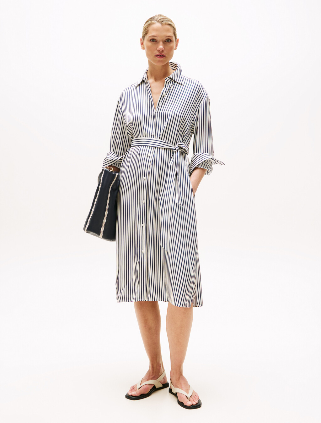 Asia Fit Twill Midi Shirt Dress, Textured Stp/ Dark Night Navy, hi-res