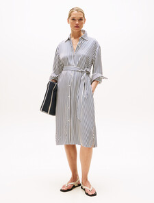 Asia Fit Twill Midi Shirt Dress, Textured Stp/ Dark Night Navy, hi-res