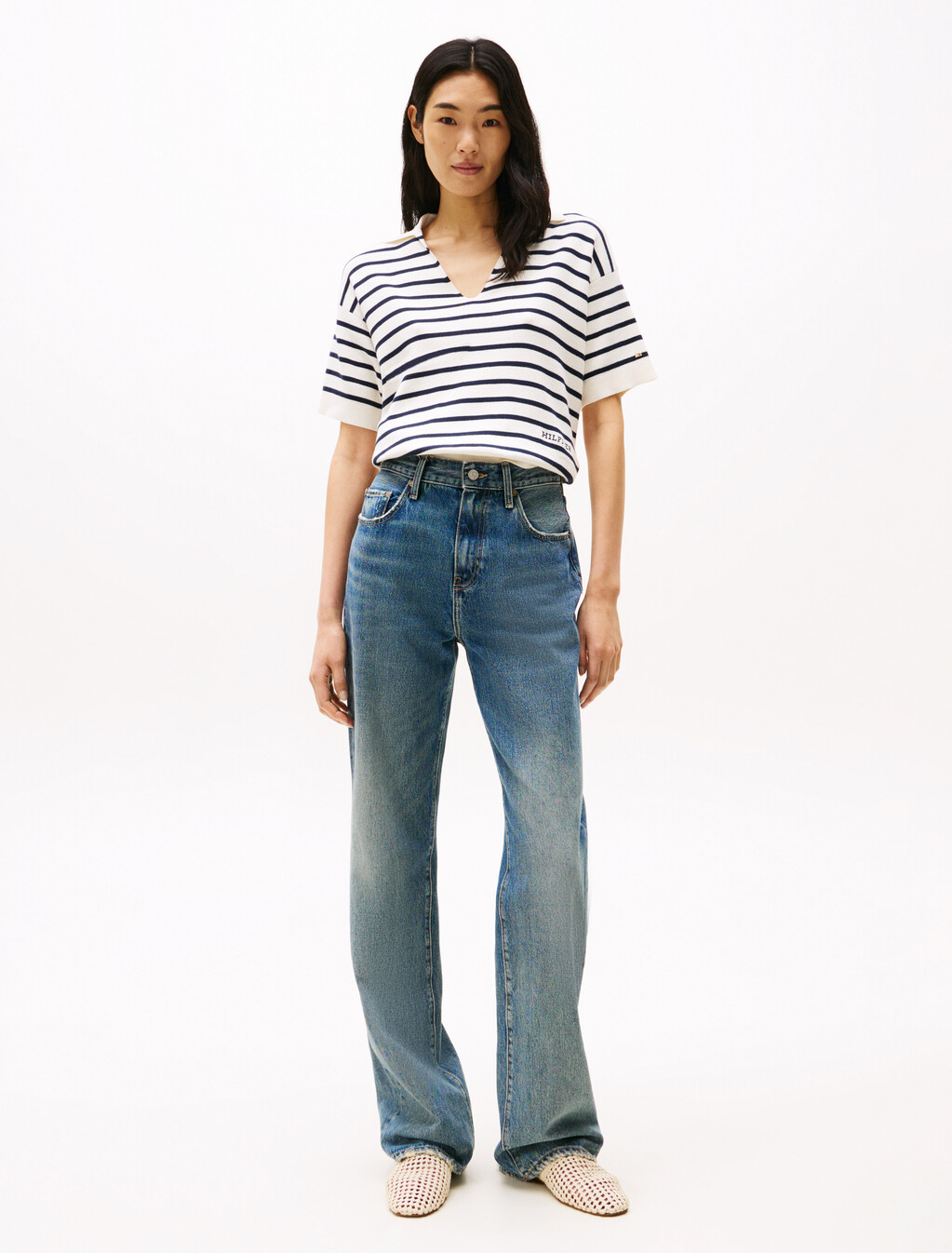 Stripe Short Sleeve Polo Jumper, Ivory Petal/Dark Night Navy Stp, hi-res