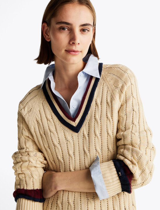 Varsity Cable Knit V Neck Sweater Dress