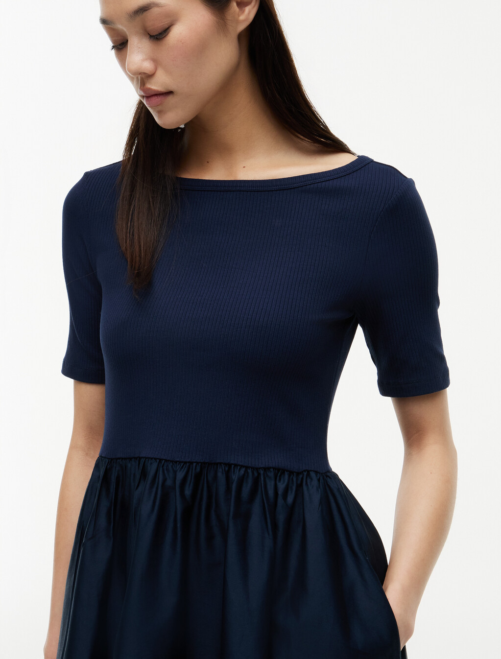 Gold-Tone Button Ribbed Midi Flare Dress, Dark Night Navy, hi-res