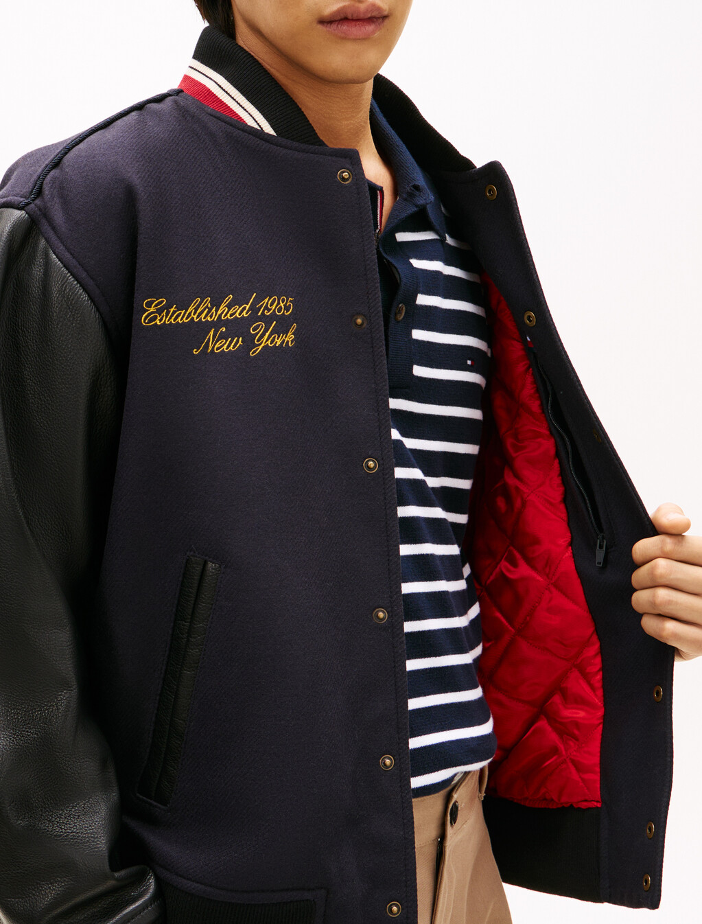 Wool Blend Leather Varsity Jacket, Desert Sky, hi-res