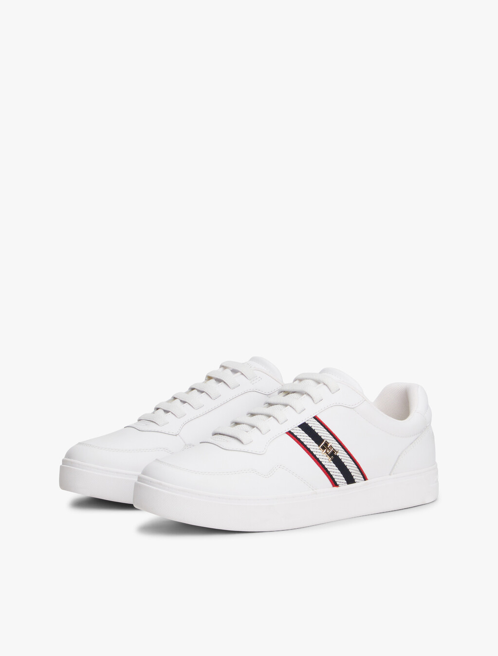 Webbing Stripe Leather Cupsole Trainers, White, hi-res