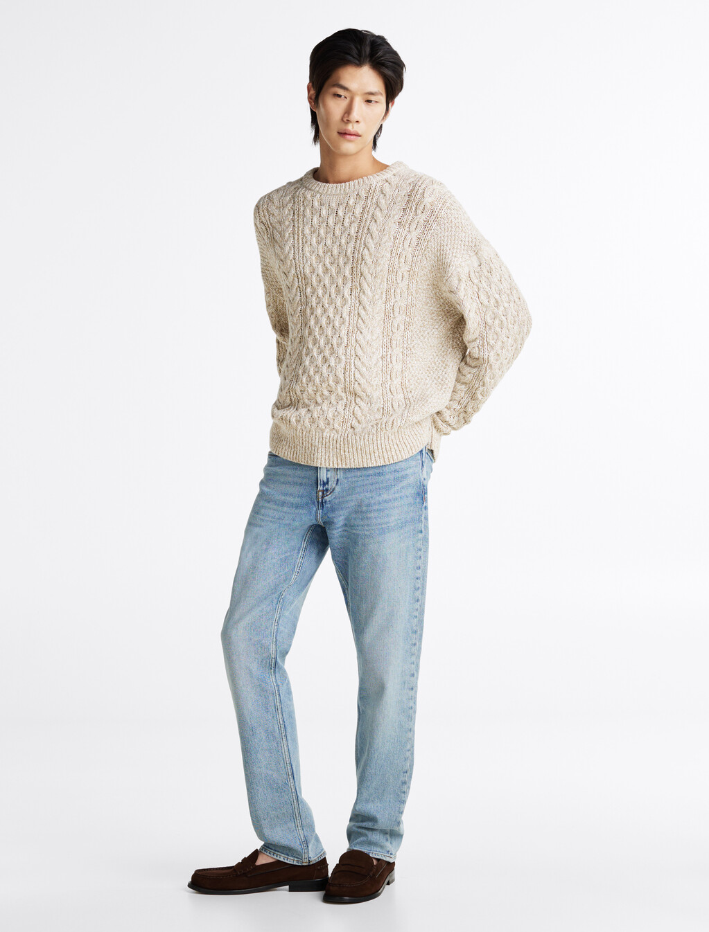 Aran Cable Knit Relaxed Jumper, Ivory Petal / Sandalwood Mouline, hi-res