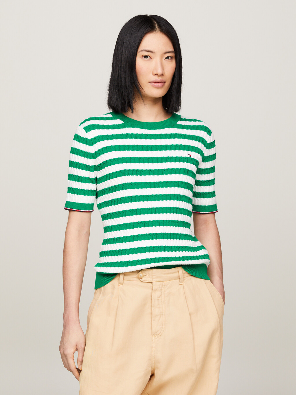 Stripe Slim Fit Short Sleeve Jumper, Breton Ecru/Olympic Green, hi-res
