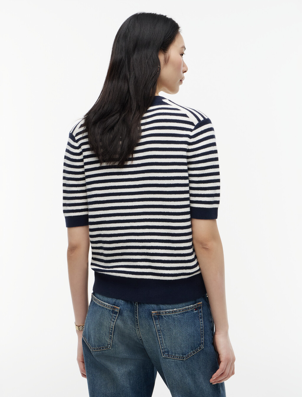 Gold-Tone Button Henley Short Sleeve Jumper, Ivory Petal/Dark N Navy Stp, hi-res