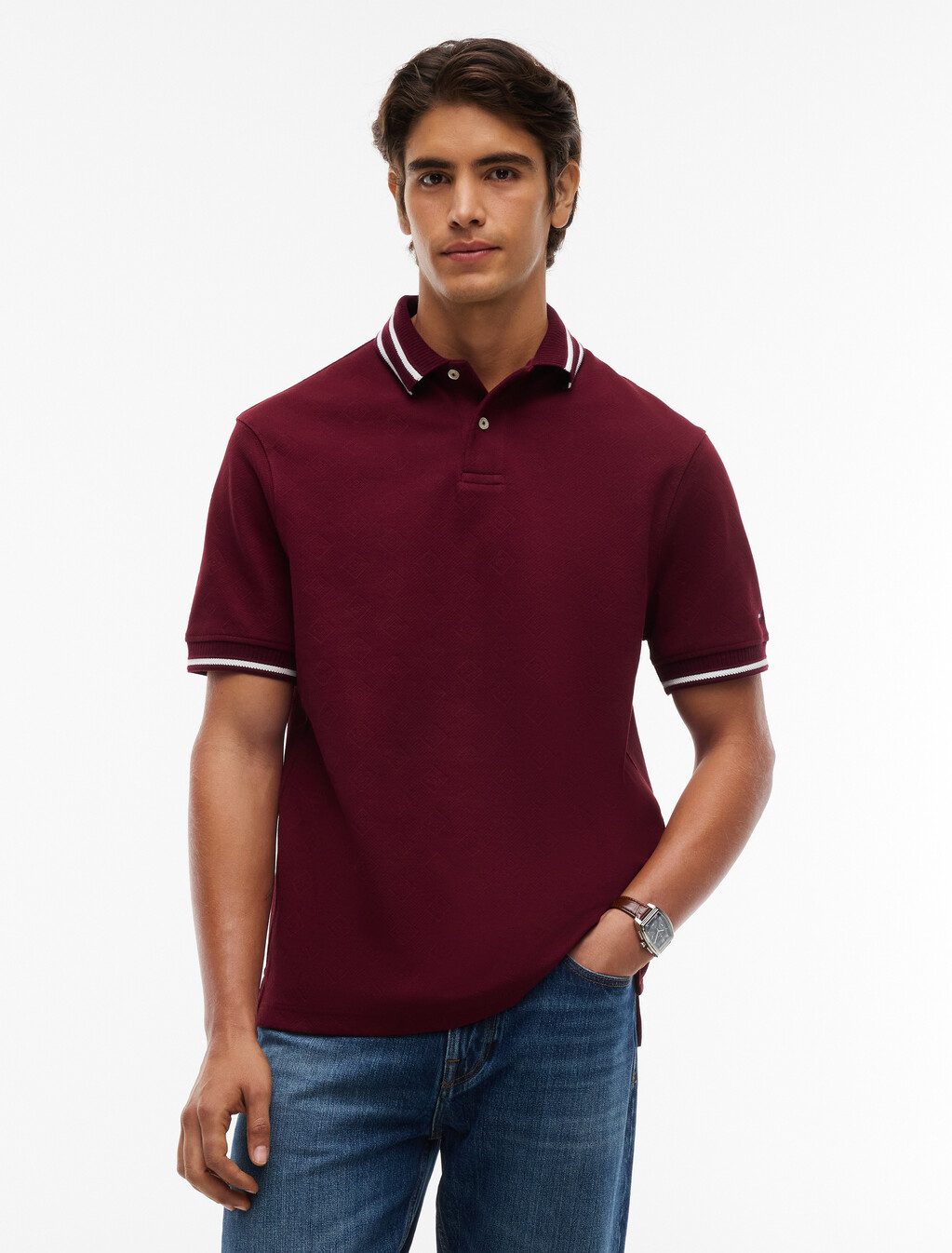 Relaxed Fit Foulard Jacquard Polo Shirt, Burgundy, hi-res