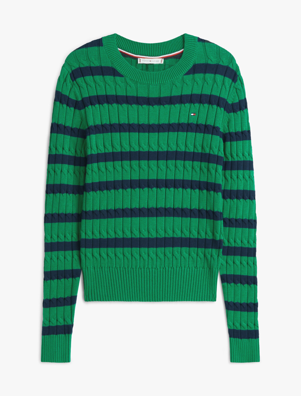 Cable Knit Crew Neck Jumper, Nouveau Green/Navy Breton Stp, hi-res
