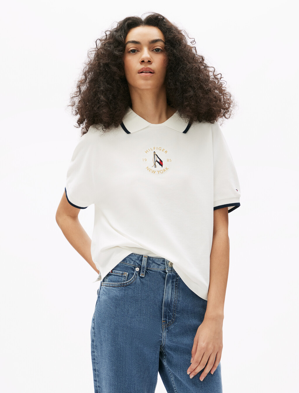 Motion Flag Embroidery Crewneck Polo, Ecru, hi-res