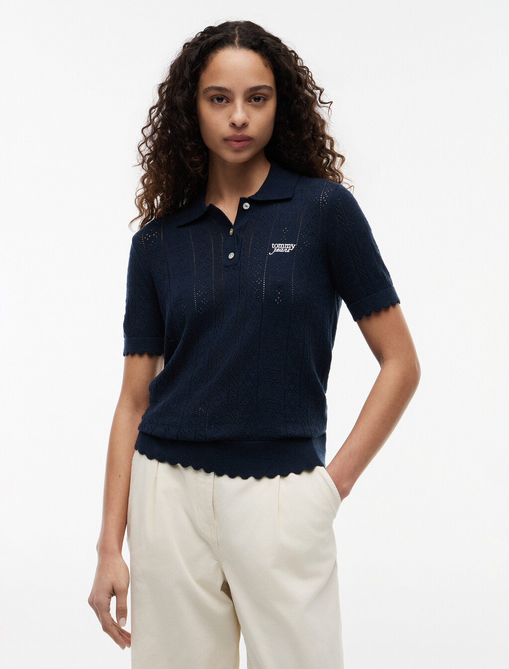 Pointelle Flag Short Sleeve Polo Jumper, Dark Night Navy, hi-res