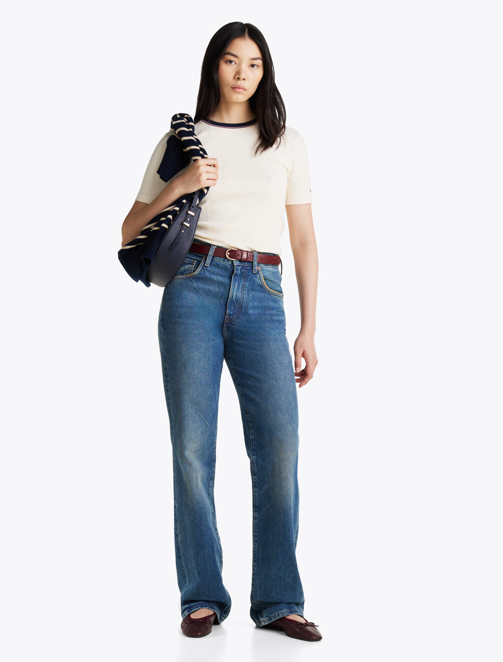 Rib-Knit Contrast Collar Slim T-Shirt, Calico, hi-res