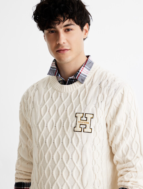 Cable Knit Letterman Applique Sweater, Ivory Petal Cable Knit Letterman Applique Sweater