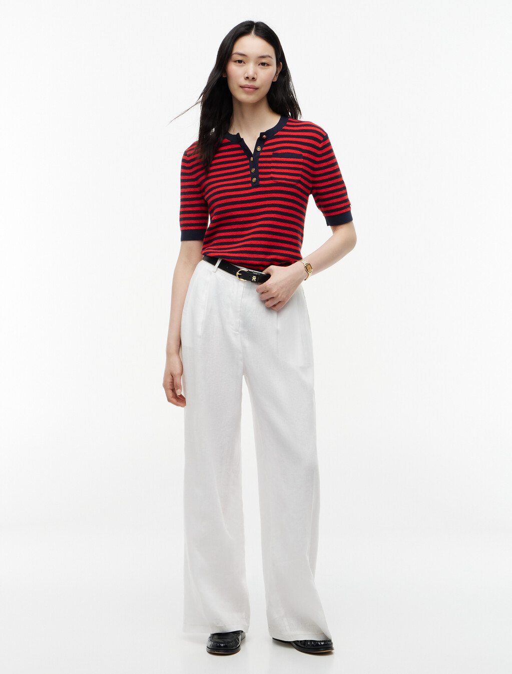 Gold-Tone Button Henley Short Sleeve Jumper, Dark N Navy/Fire Red Stp, hi-res