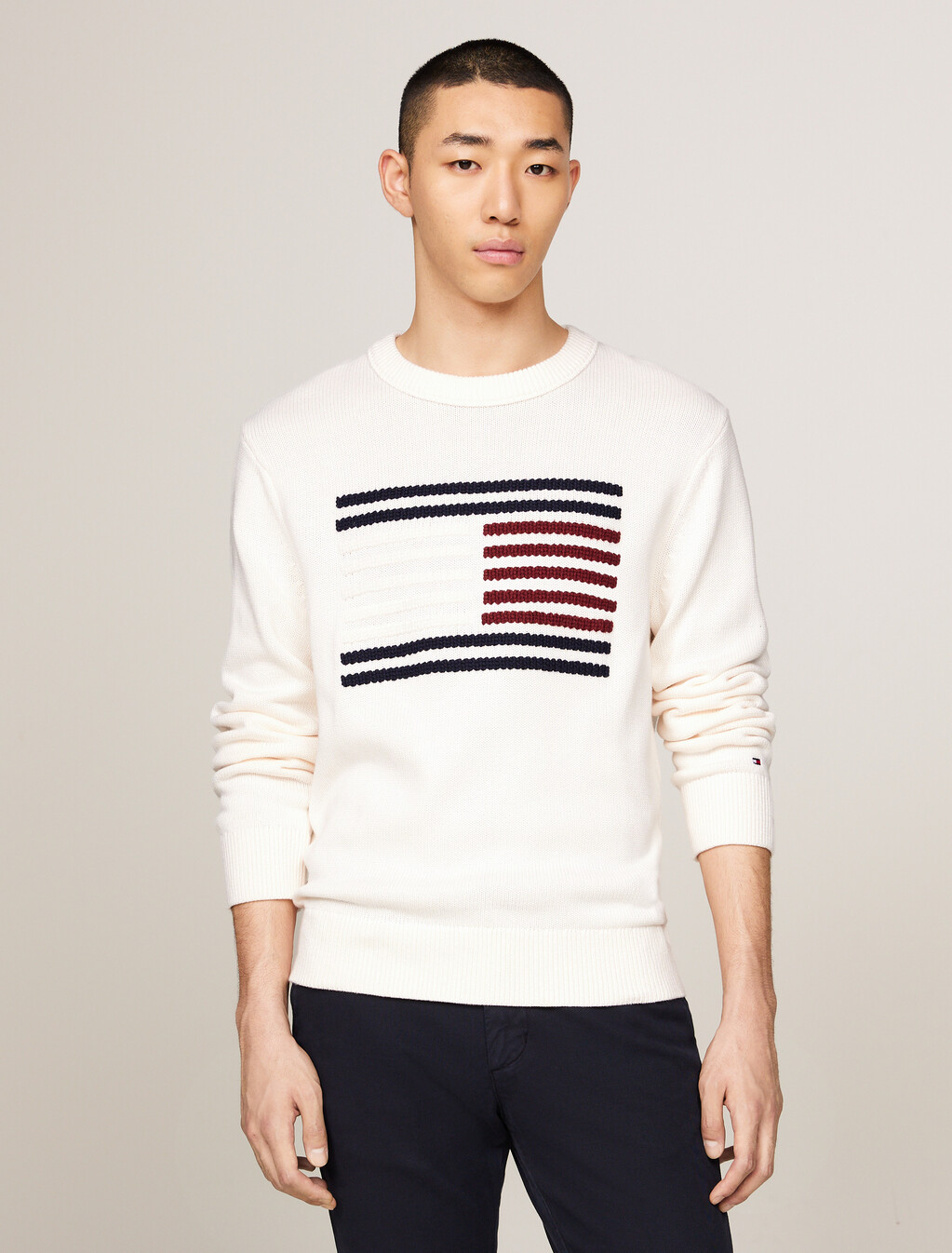 Cable Knit Stripe Flag Relaxed Jumper, Ancient White, hi-res
