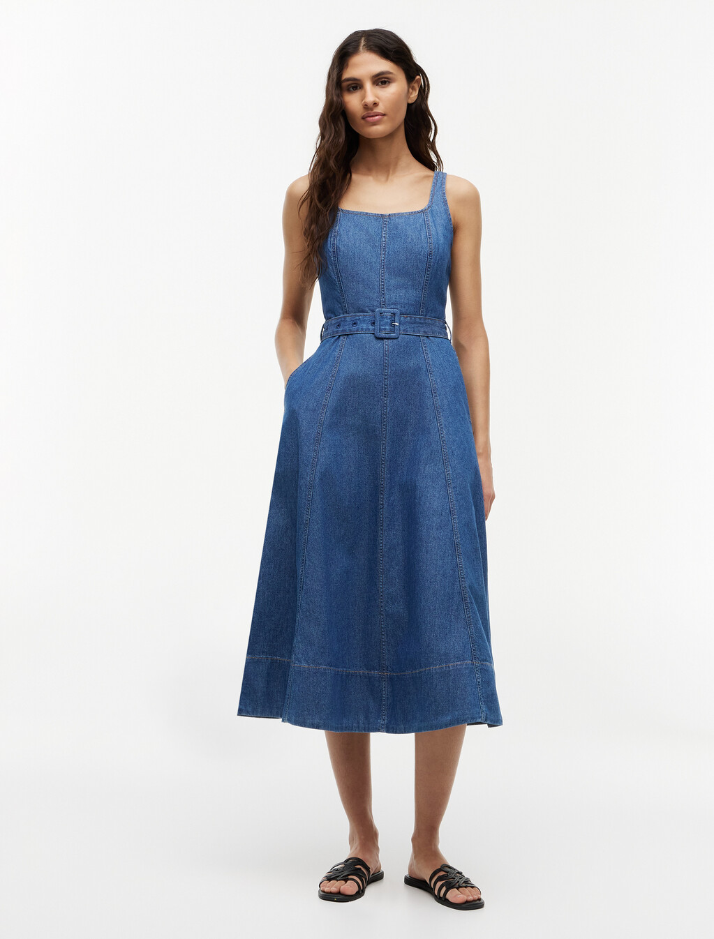Belted Denim Fit And Flare Midi Dress, Tory Mid, hi-res