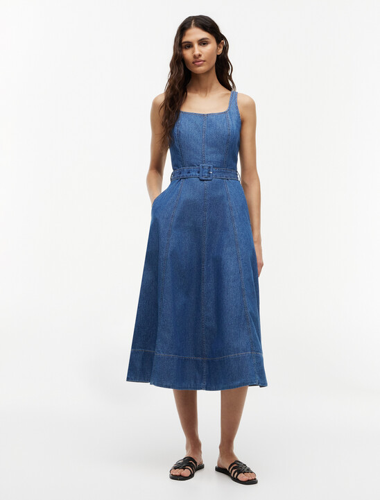 Belted Denim Fit And Flare Midi Dress