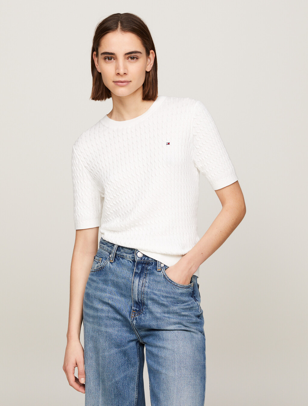 Stripe Slim Fit Short Sleeve Jumper, Ecru, hi-res