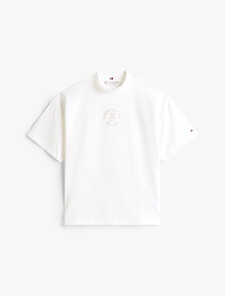 Stamp Print Relaxed Mock Neck T-Shirt, Ecru, hi-res