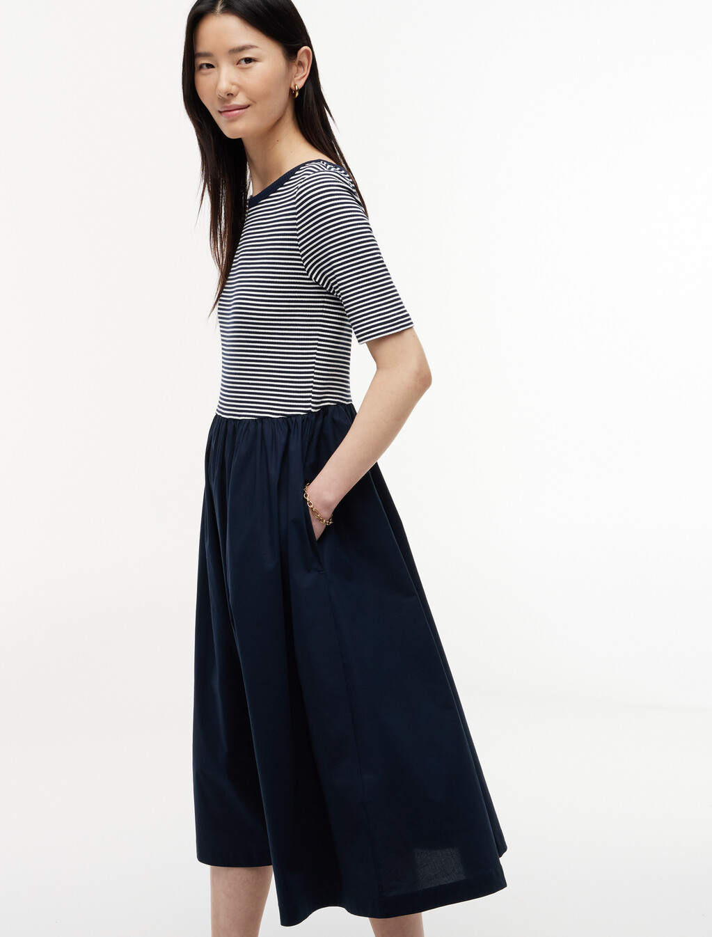 Gold-Tone Button Ribbed Midi Flare Dress, Dark Night Navy /Ecru Stp, hi-res