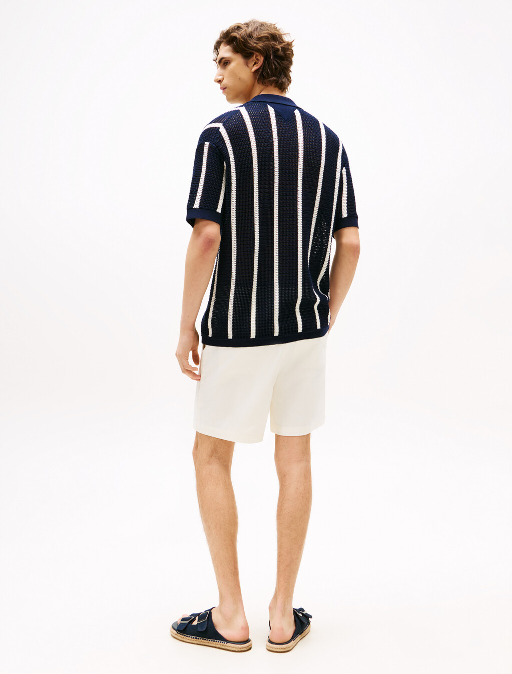 Vertical Stripe Open Knit Shirt, Ivory Petal / Desert Sky, hi-res