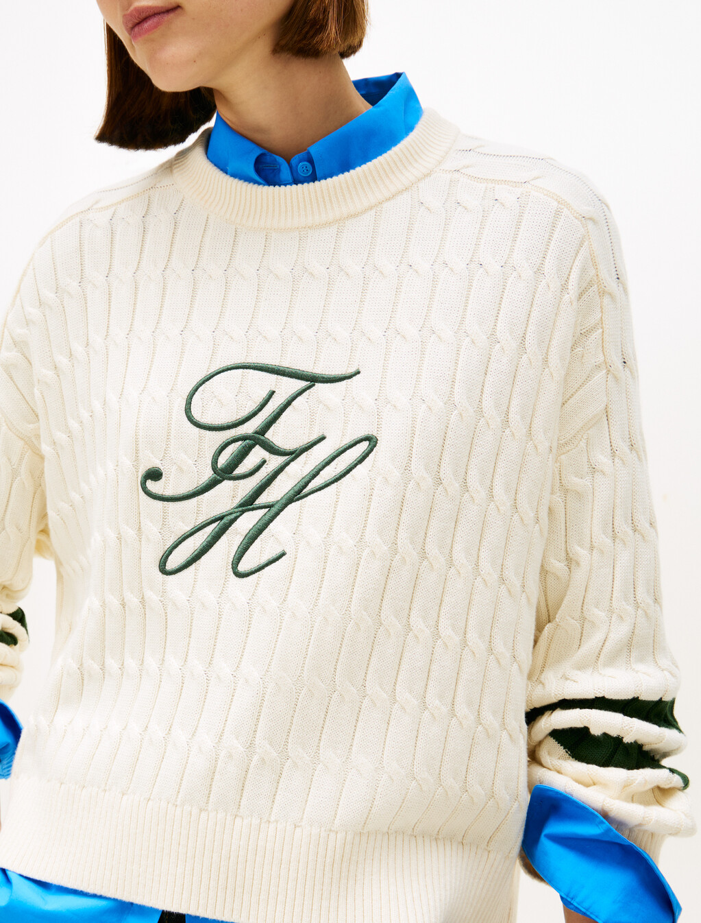 Logo Embroidery Relaxed Cable Knit Jumper, Calico, hi-res