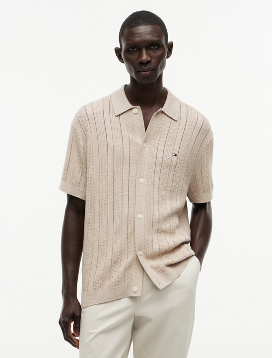 Relaxed Pointelle Short Sleeve Shirt With Linen