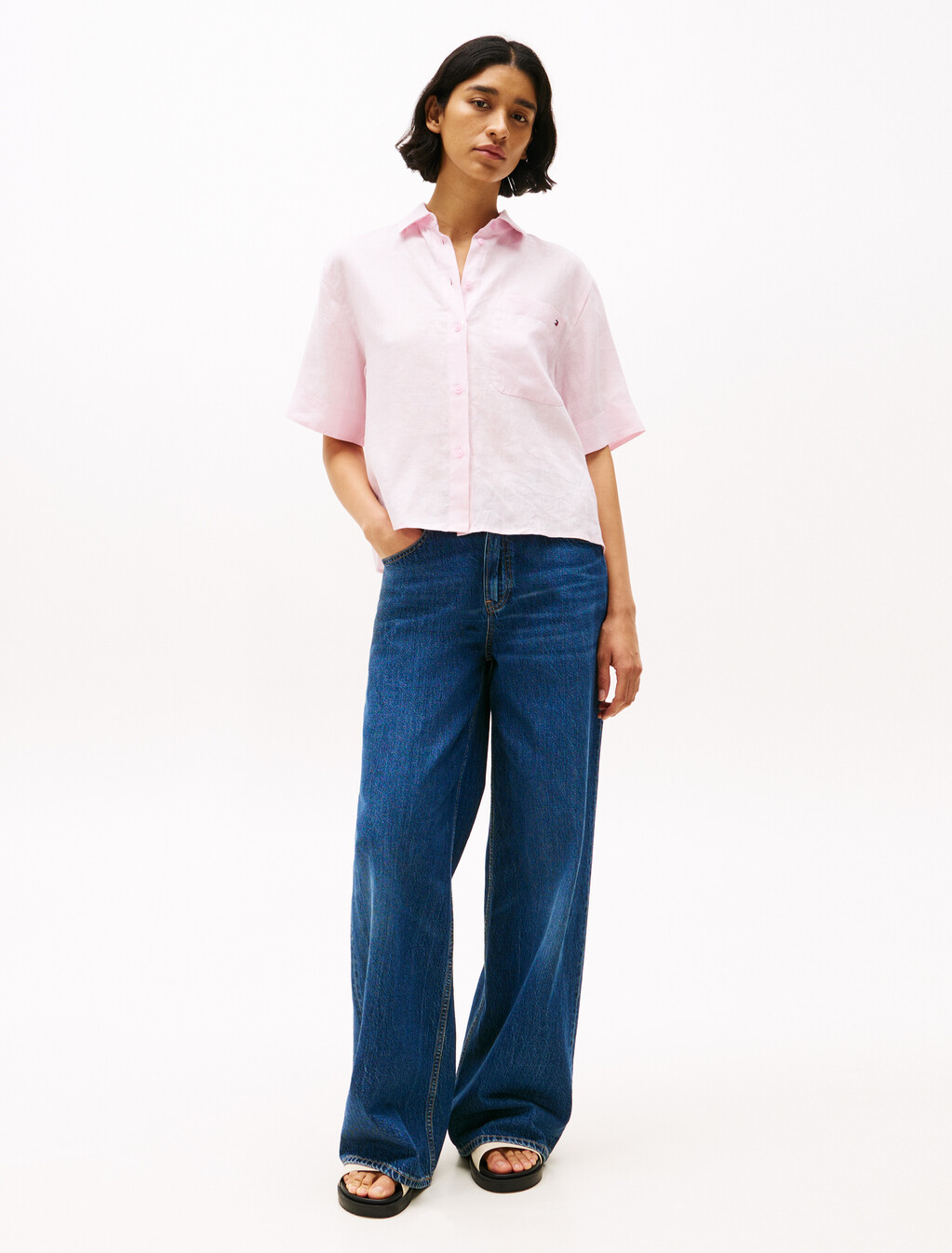 Relaxed Fit Short Sleeve Linen Shirt, Light Pink, hi-res