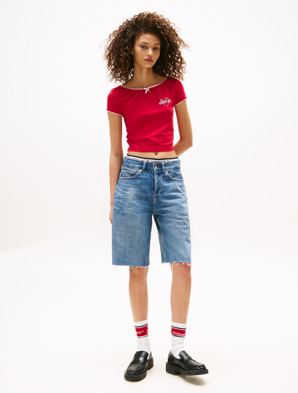 Tommy Girl Logo Slim Cropped T-Shirt, Primary Red / Ecru, hi-res