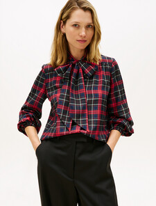 Tartan Crepe Bow Collar Blouse, Dark Tartan Dark Night Navy, hi-res