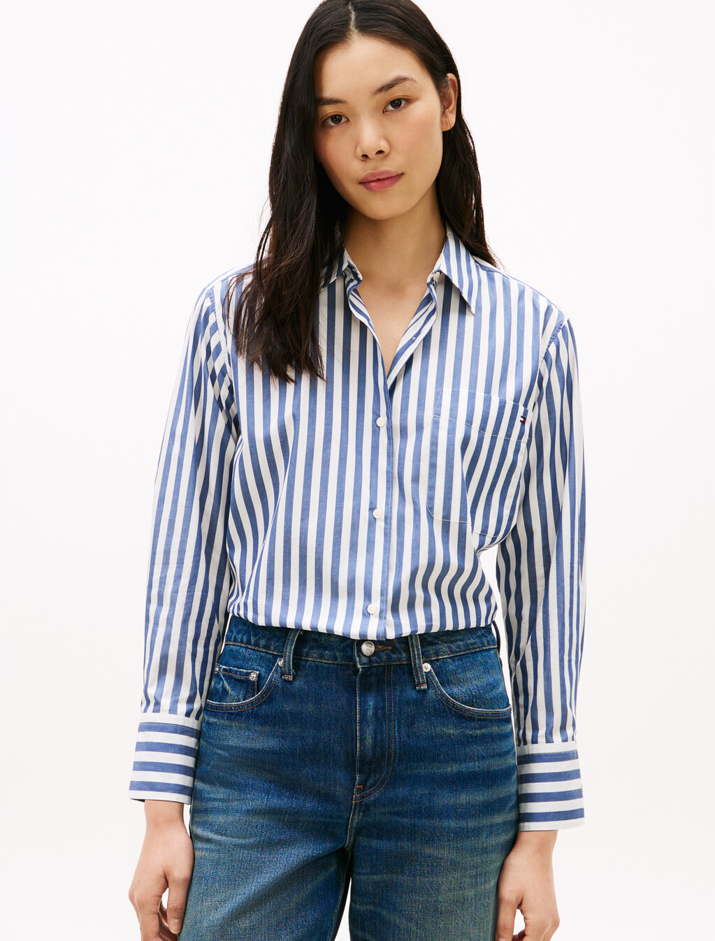 Asia Fit Essential Poplin Easy Fit Shirt, Wide Banker Stp Ecru Seashore Navy, hi-res