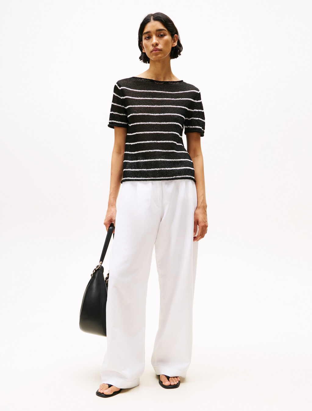 Textured Rayon Boat Neck Sweater, Black Stripe/Ecru, hi-res