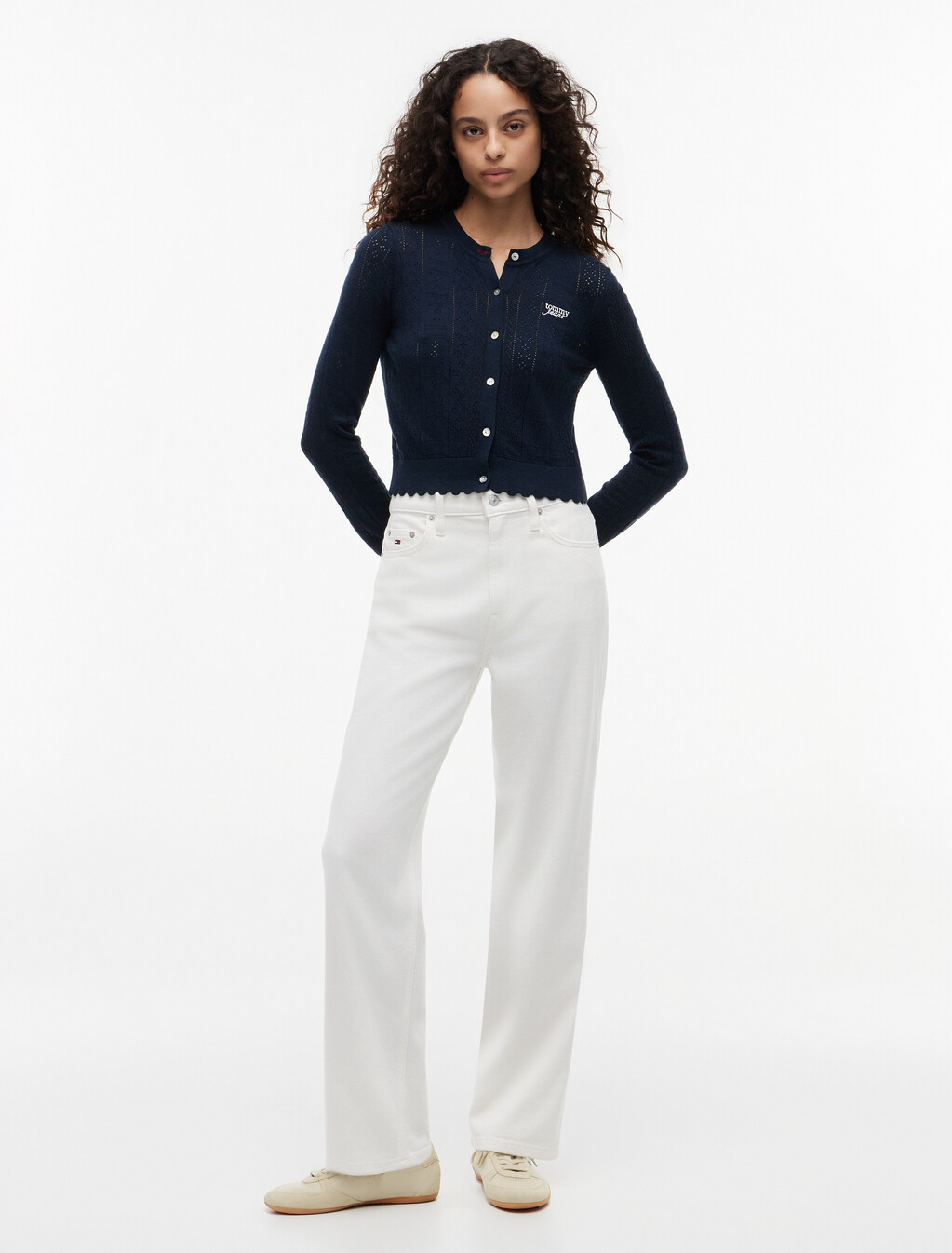 Slim Pointelle Flag Cardigan, Dark Night Navy, hi-res