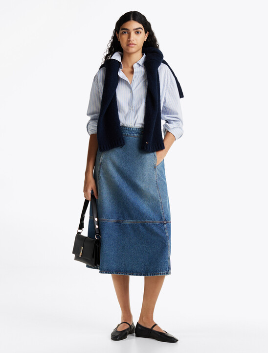 Leather Detail Denim A-Line Midi Skirt