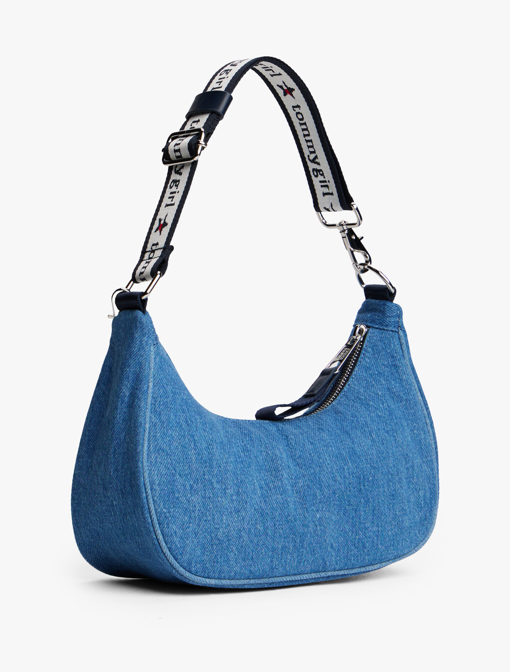 Tommy Girl Logo Charm Denim Shoulder Bag, Mid Blue Denim Wash, hi-res