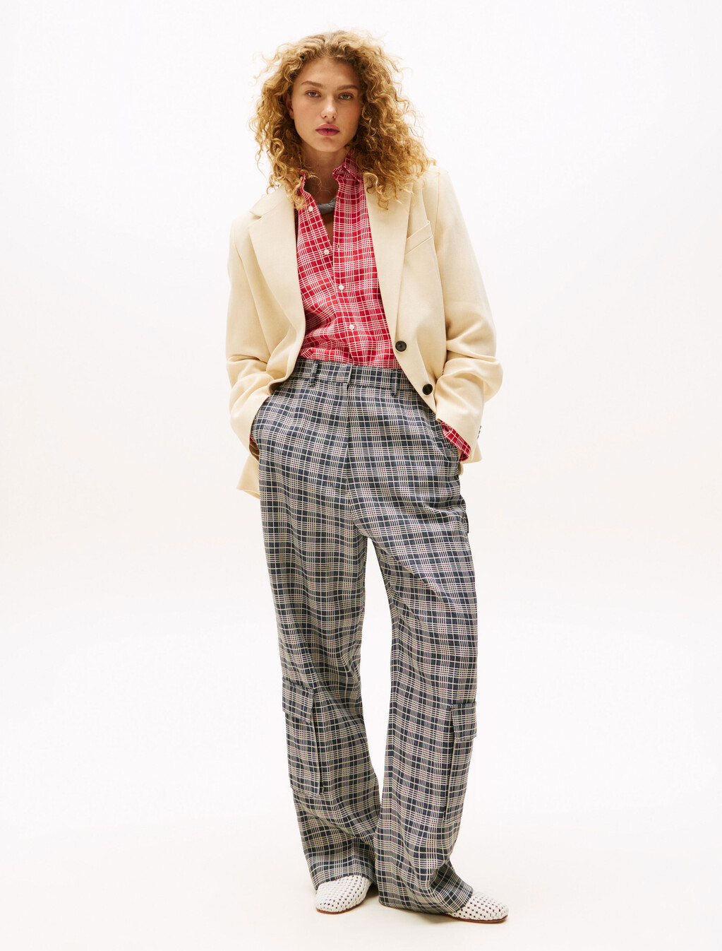 The Runway Collection Oversized Tailored Cargo Trousers, Navy Cream Check, hi-res