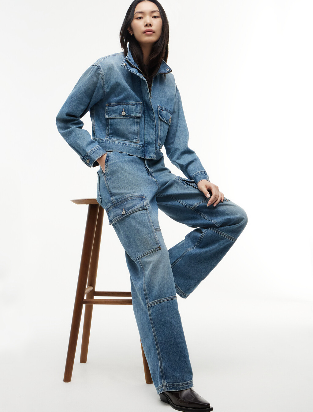 Mia Mid Rise Relaxed Straight Cargo Jeans, Denim Medium, hi-res