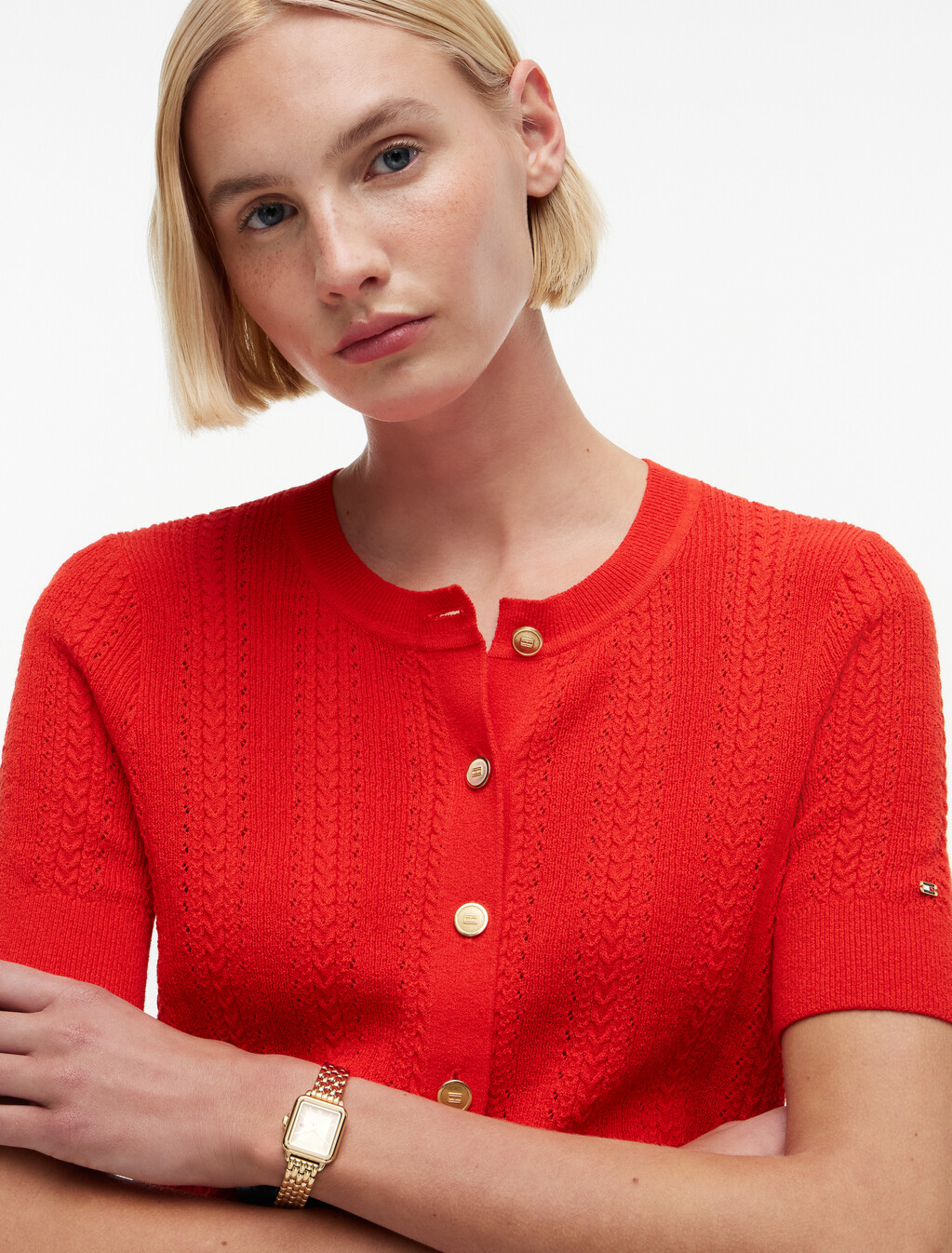 Pointelle Gold-Tone Button Short Sleeve Cardigan, Fire Red, hi-res