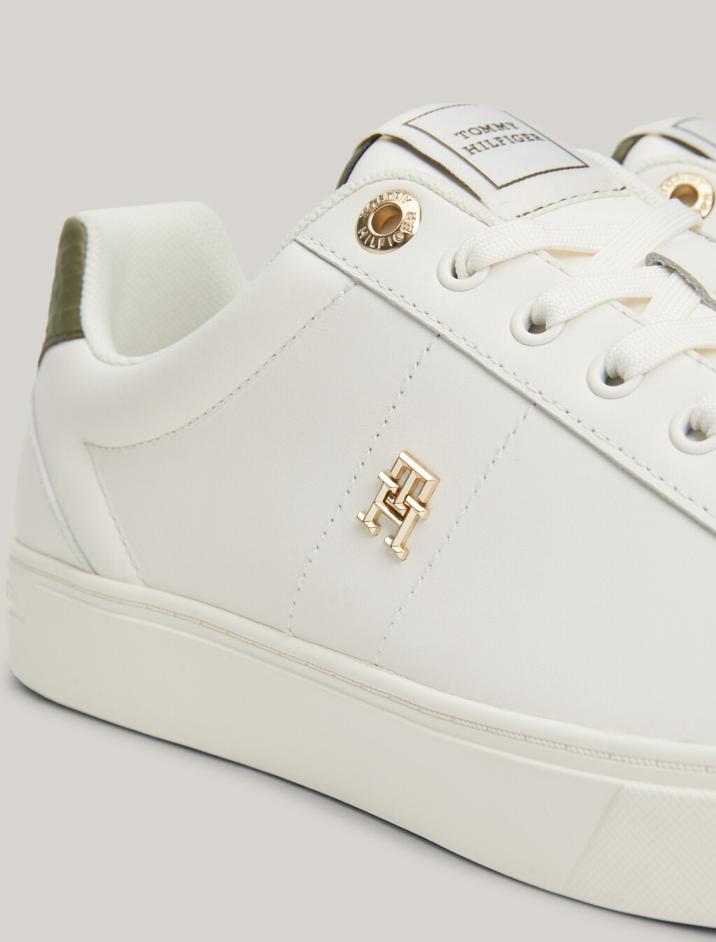 Essential TH Monogram Plaque Leather Trainers, Ancient White, hi-res