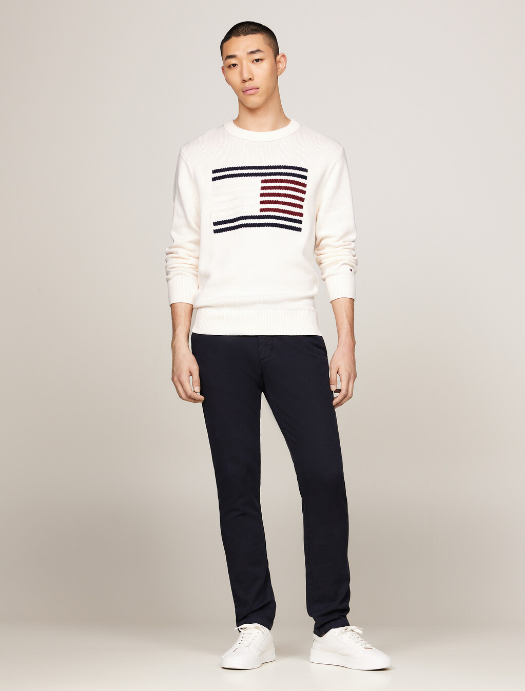 Cable Knit Stripe Flag Relaxed Jumper, Ancient White, hi-res