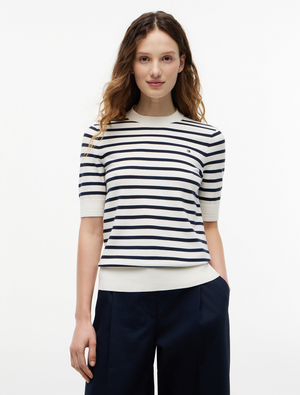 Fine Knit Jersey Short Sleeve Jumper, Ivory Petal/ Dark N Navy Breton Stp, hi-res