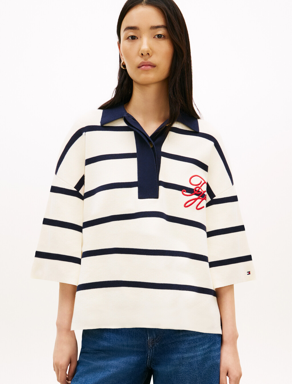 Premium Knit Gold-Tone Button Polo Jumper, Big Stp Calico/Dark N Navy, hi-res