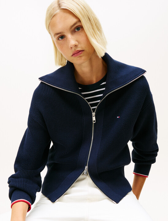 Double Zip Flap Collar Knit Cardigan