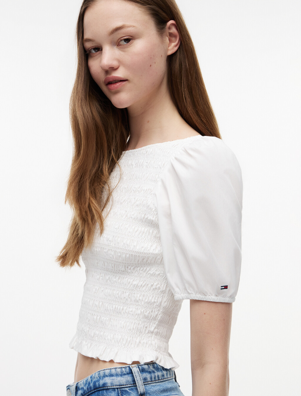 Smock Poplin Slim Short Sleeve Blouse, Ecru, hi-res